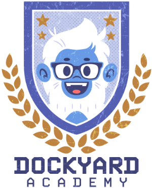 DockYard Academy logo featuring a blue yeti with white hair wearing glasses